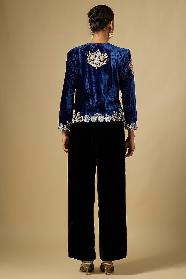 Navy Blue Velvet Zardosi Work Jacket by SURBHI SHAH at Pernia's Pop Up Shop