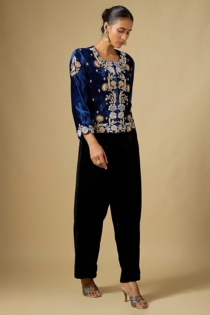 Navy Blue Velvet Zardosi Work Jacket by SURBHI SHAH at Pernia's Pop Up Shop