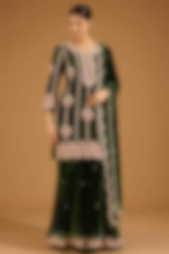 Olive Green Velvet Gota Embroidered Bridal Sharara Set by SURBHI SHAH at Pernia's Pop Up Shop