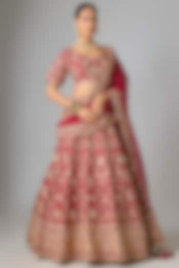 Maroon Dupion Silk Marori & Dabka Work Bridal Lehenga Set by SURBHI SHAH at Pernia's Pop Up Shop