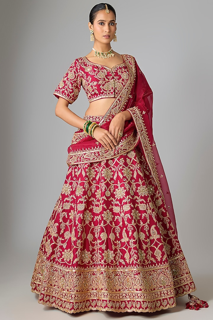 Maroon Dupion Silk Marori & Dabka Work Bridal Lehenga Set by SURBHI SHAH at Pernia's Pop Up Shop