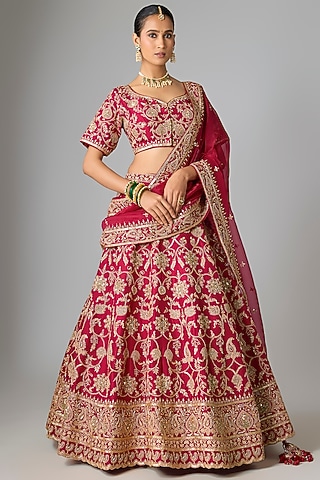 Maroon Dupion Silk Marori & Dabka Work Lehenga Set by SURBHI SHAH