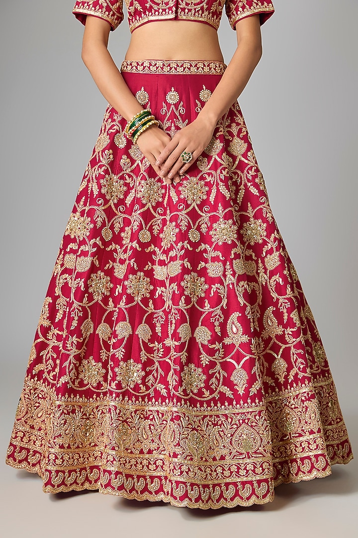 Maroon Dupion Silk Marori & Dabka Work Bridal Lehenga Set by SURBHI SHAH at Pernia's Pop Up Shop