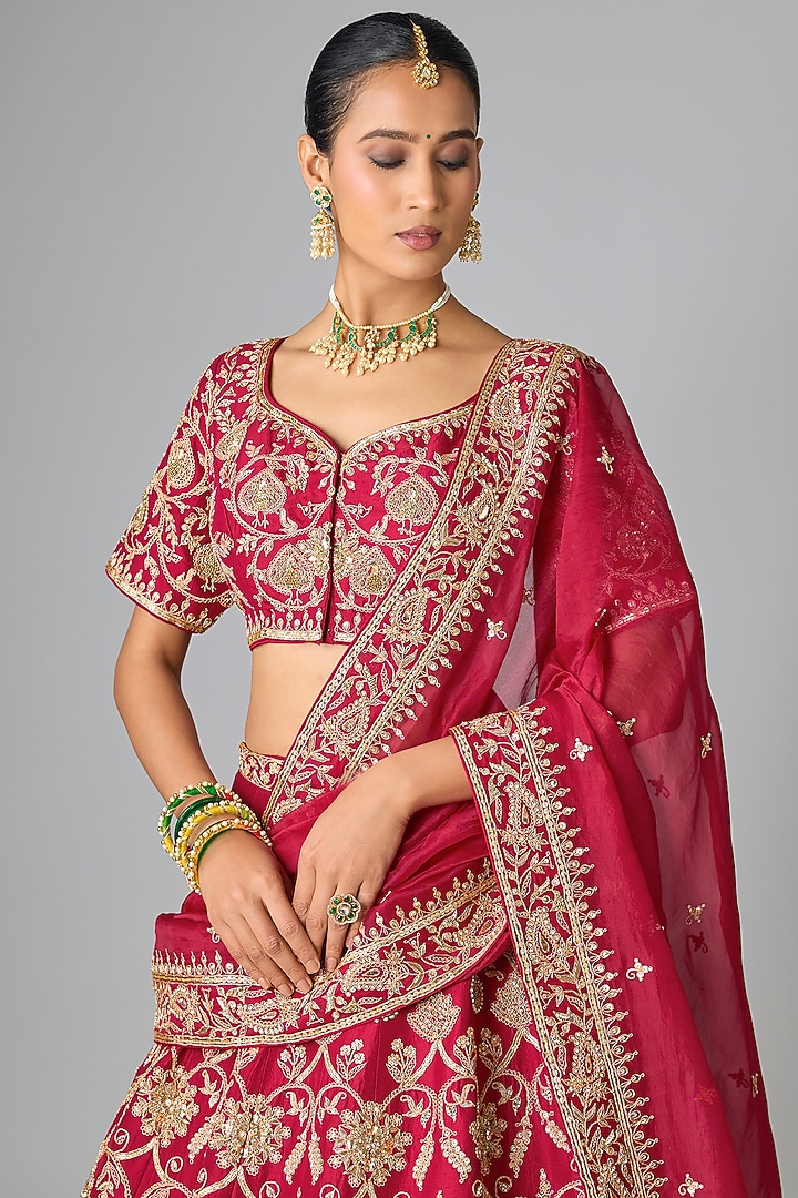 Maroon Dupion Silk Marori & Dabka Work Bridal Lehenga Set by SURBHI SHAH at Pernia's Pop Up Shop