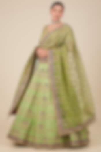 Pista Green Dupion Silk Marori & Patch Work Bridal Lehenga Set by Surbhi Shah at Pernia's Pop Up Shop