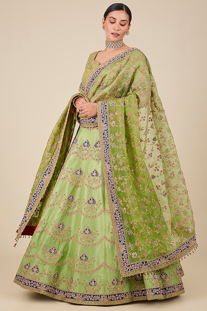Pista Green Dupion Silk Marori & Patch Work Bridal Lehenga Set by Surbhi Shah at Pernia's Pop Up Shop