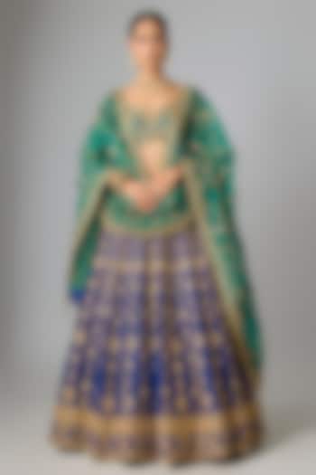 Navy Blue Raw Silk Marori & Mukaish Work Bridal Lehenga Set by SURBHI SHAH at Pernia's Pop Up Shop