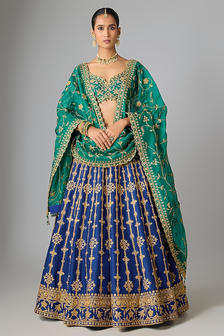 Navy Blue Raw Silk Marori & Mukaish Work Bridal Lehenga Set by SURBHI SHAH at Pernia's Pop Up Shop