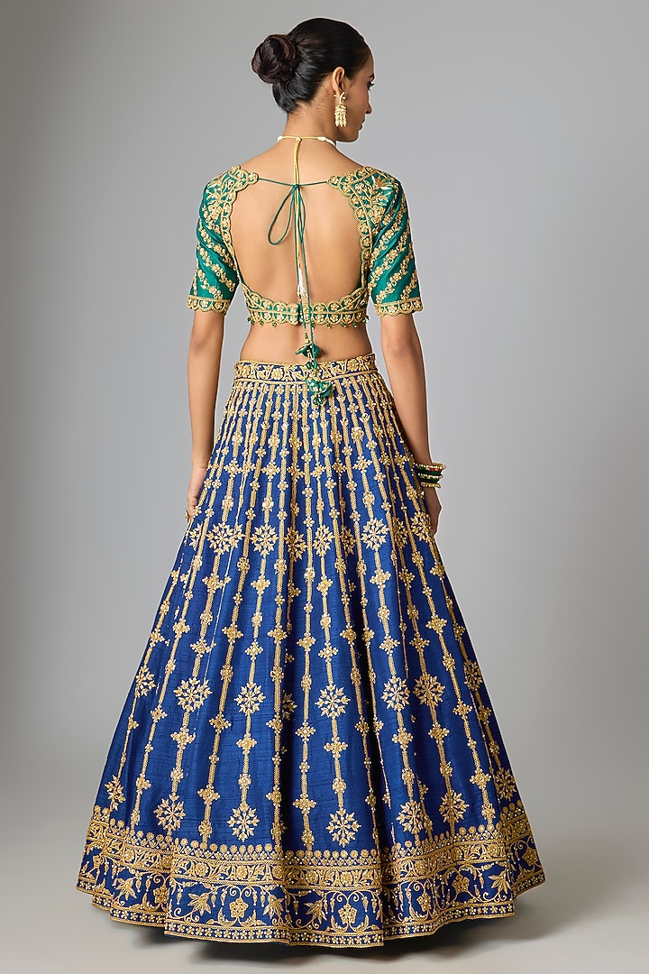 Navy Blue Raw Silk Marori & Mukaish Work Bridal Lehenga Set by SURBHI SHAH at Pernia's Pop Up Shop