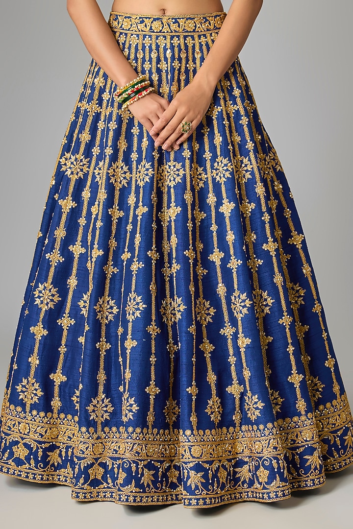 Navy Blue Raw Silk Marori & Mukaish Work Bridal Lehenga Set by SURBHI SHAH at Pernia's Pop Up Shop
