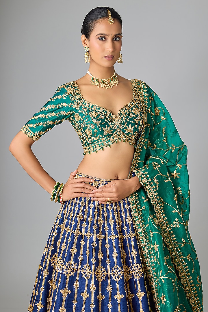 Navy Blue Raw Silk Marori & Mukaish Work Bridal Lehenga Set by SURBHI SHAH at Pernia's Pop Up Shop