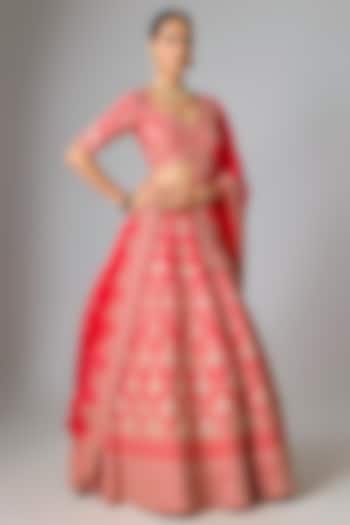 Red Raw Silk Marori & Sequin Work Bridal Lehenga Set by SURBHI SHAH at Pernia's Pop Up Shop