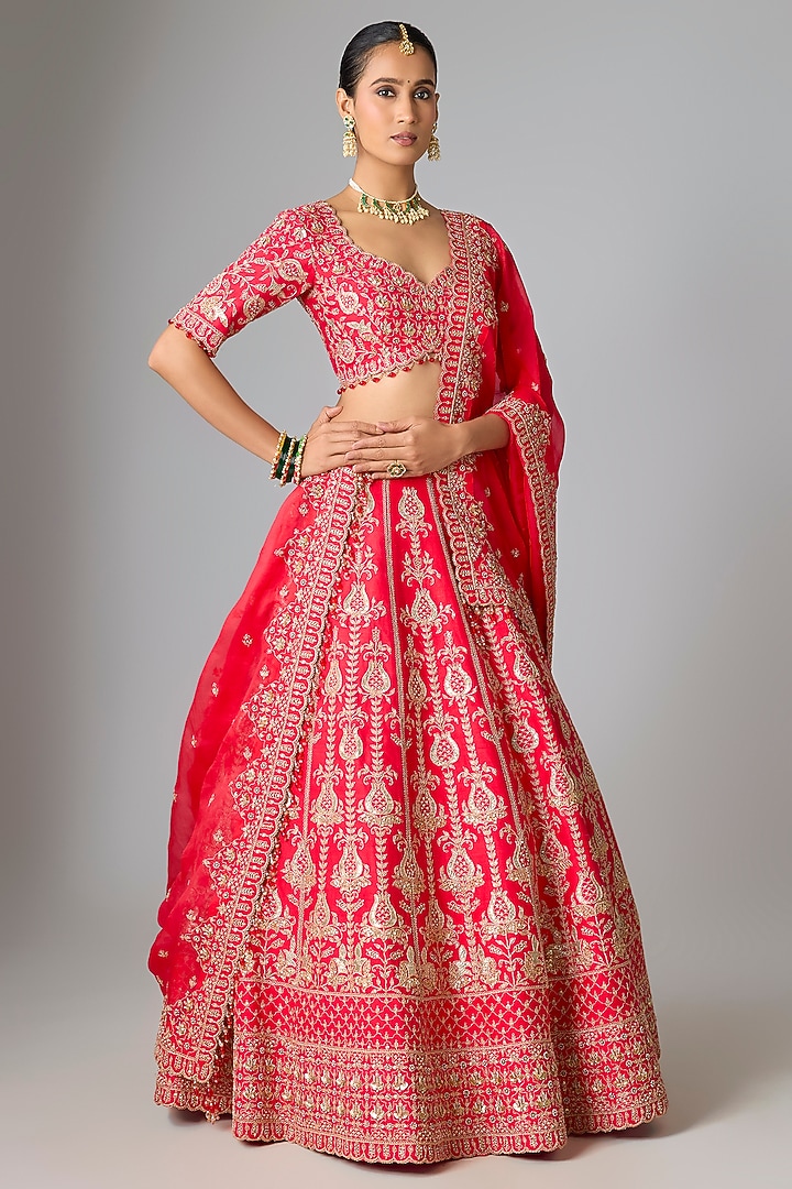 Red Raw Silk Marori & Sequin Work Bridal Lehenga Set by SURBHI SHAH at Pernia's Pop Up Shop