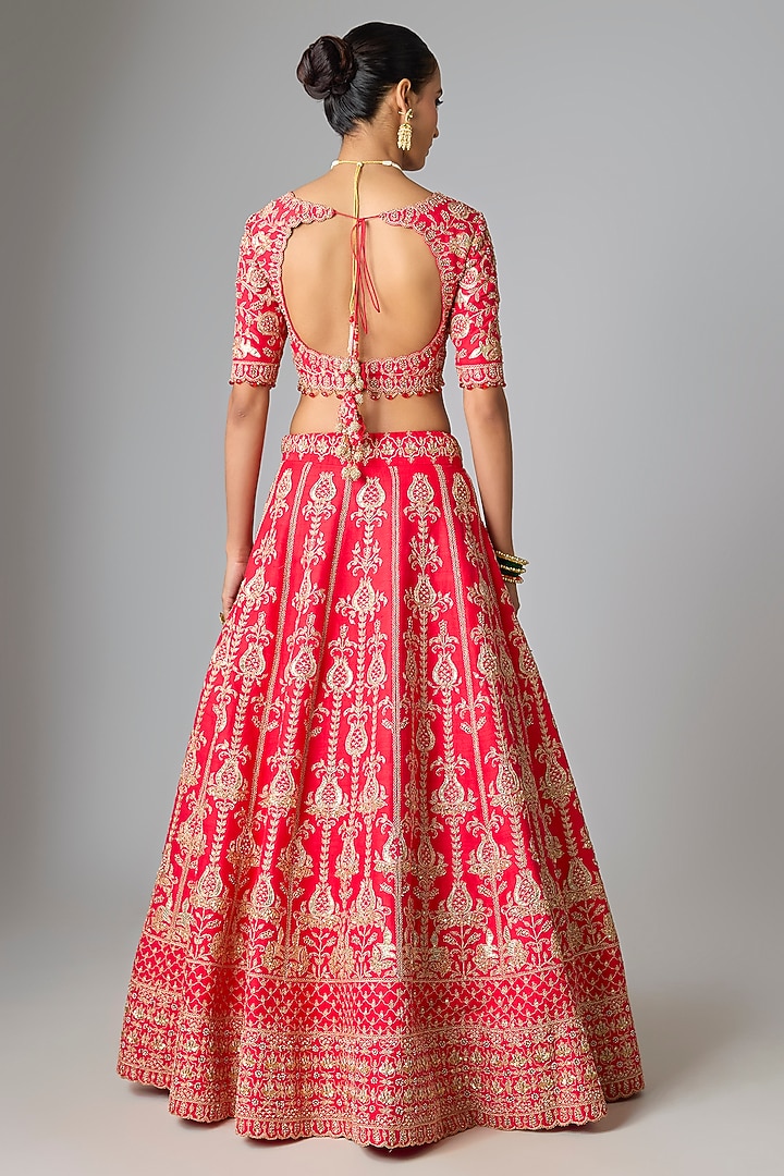 Red Raw Silk Marori & Sequin Work Bridal Lehenga Set by SURBHI SHAH at Pernia's Pop Up Shop