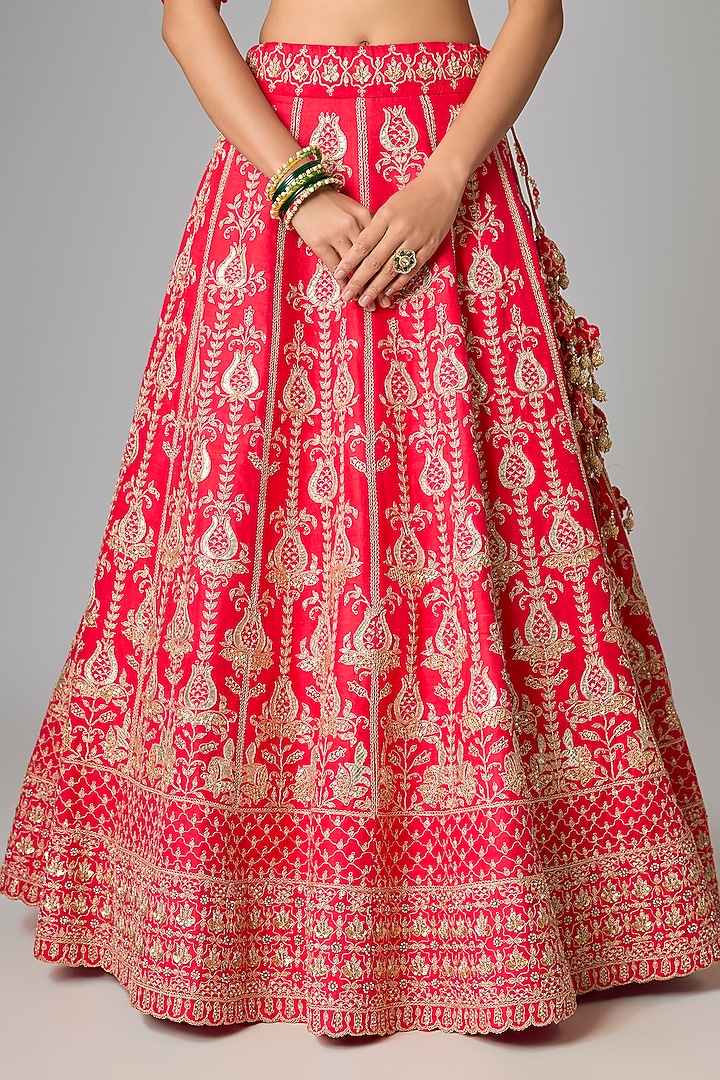 Red Raw Silk Marori & Sequin Work Bridal Lehenga Set by SURBHI SHAH at Pernia's Pop Up Shop