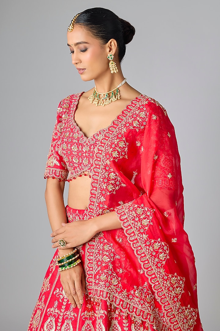 Red Raw Silk Marori & Sequin Work Bridal Lehenga Set by SURBHI SHAH at Pernia's Pop Up Shop