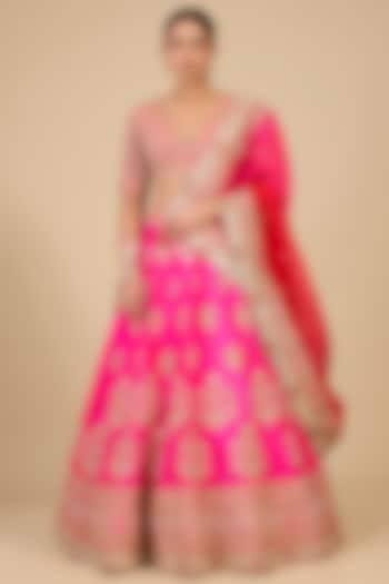 Hot Pink Dupion Silk Mukesh Embroidered Bridal Lehenga Set by SURBHI SHAH at Pernia's Pop Up Shop