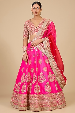 Hot Pink Dupion Silk Mukesh Embroidered Lehenga Set by SURBHI SHAH