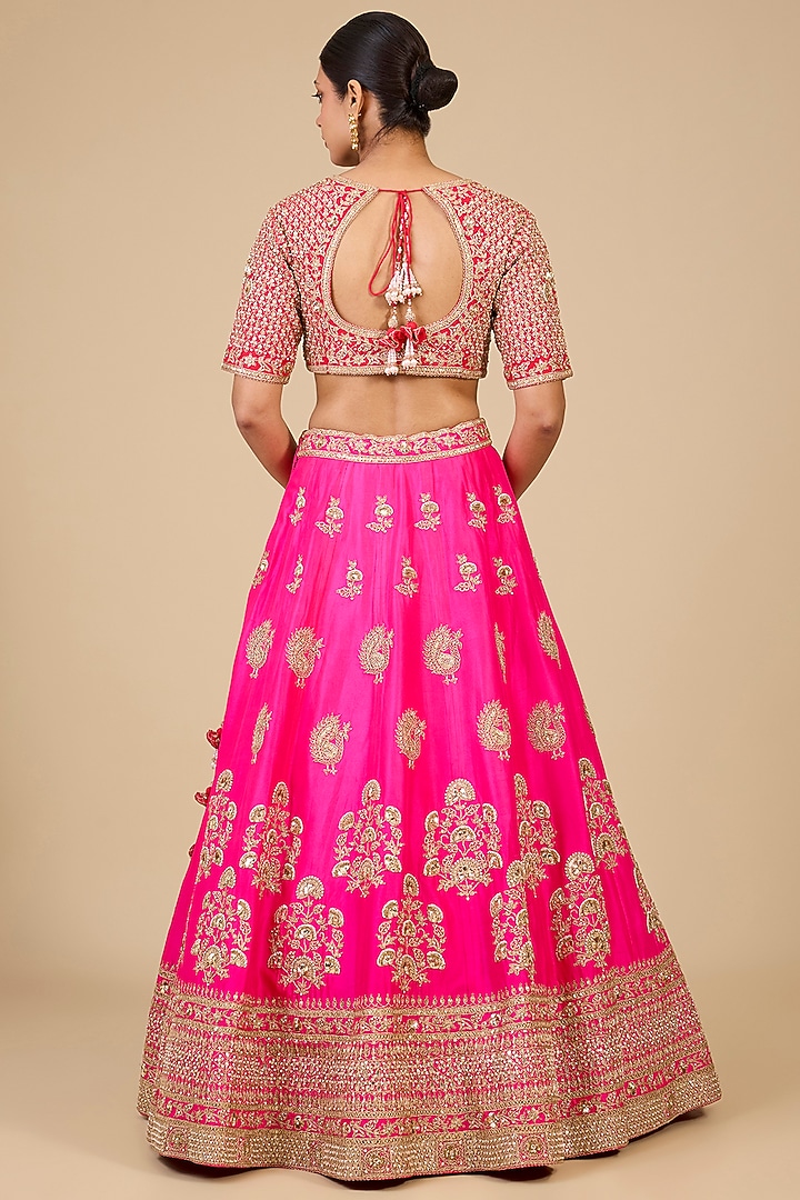 Hot Pink Dupion Silk Mukesh Embroidered Bridal Lehenga Set by SURBHI SHAH at Pernia's Pop Up Shop