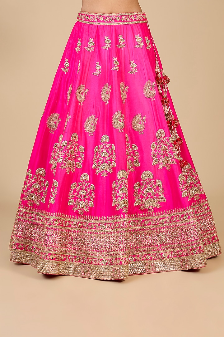 Hot Pink Dupion Silk Mukesh Embroidered Bridal Lehenga Set by SURBHI SHAH at Pernia's Pop Up Shop