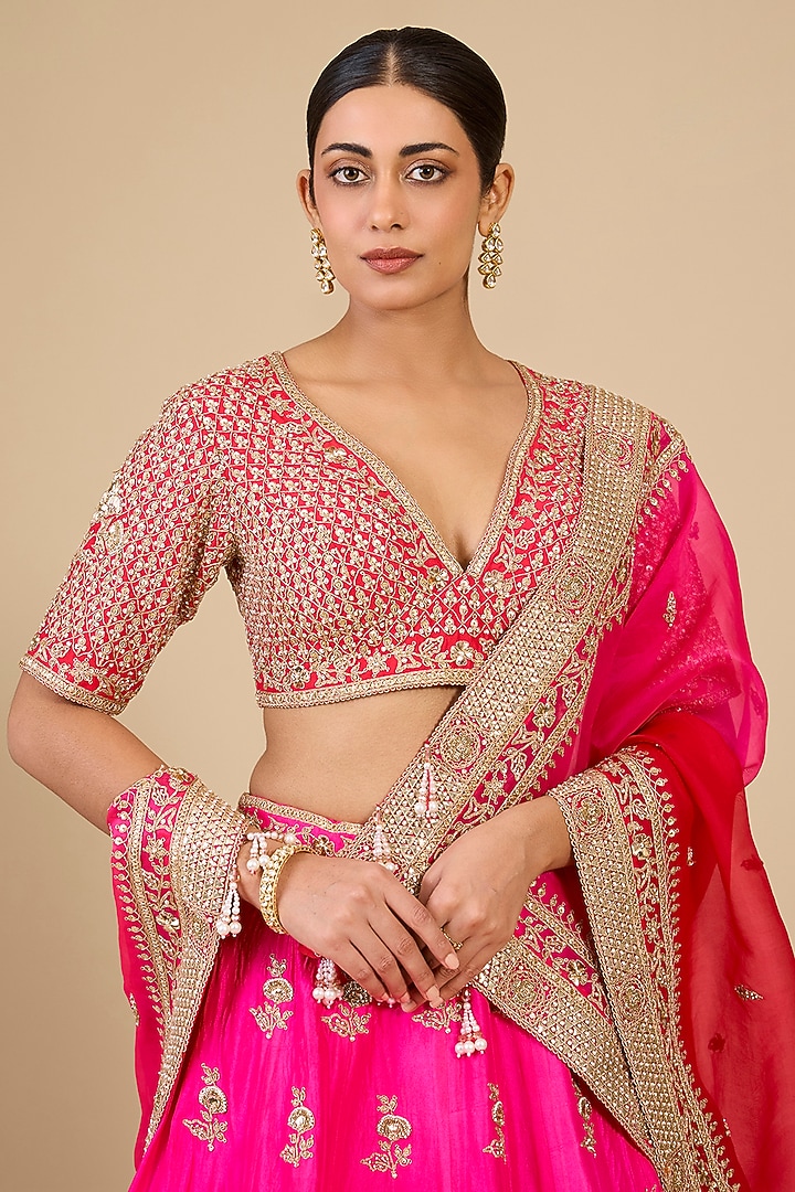 Hot Pink Dupion Silk Mukesh Embroidered Bridal Lehenga Set by SURBHI SHAH at Pernia's Pop Up Shop