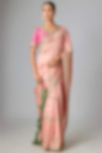 Peach Kora Silk Marori & Gota Work Reception Saree Set by SURBHI SHAH at Pernia's Pop Up Shop