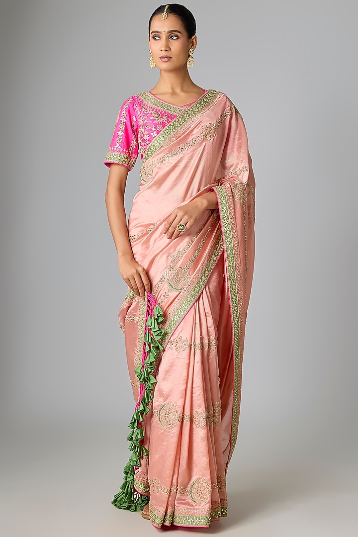 Peach Kora Silk Marori & Gota Work Reception Saree Set by SURBHI SHAH at Pernia's Pop Up Shop