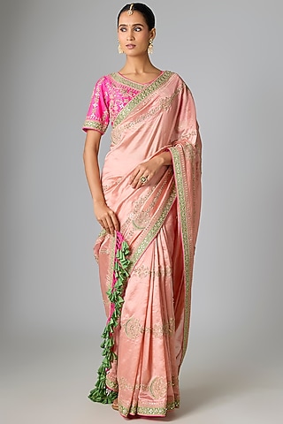 Peach Kora Silk Marori & Gota Work Saree Set by SURBHI SHAH