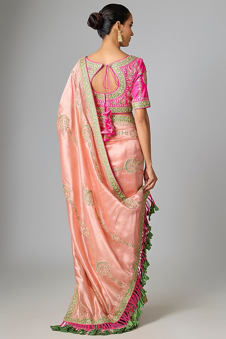 Peach Kora Silk Marori & Gota Work Reception Saree Set by SURBHI SHAH at Pernia's Pop Up Shop