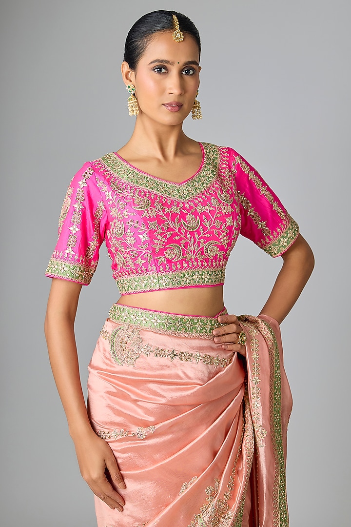 Peach Kora Silk Marori & Gota Work Reception Saree Set by SURBHI SHAH at Pernia's Pop Up Shop