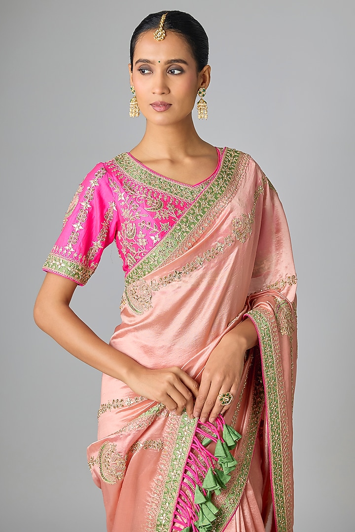 Peach Kora Silk Marori & Gota Work Reception Saree Set by SURBHI SHAH at Pernia's Pop Up Shop