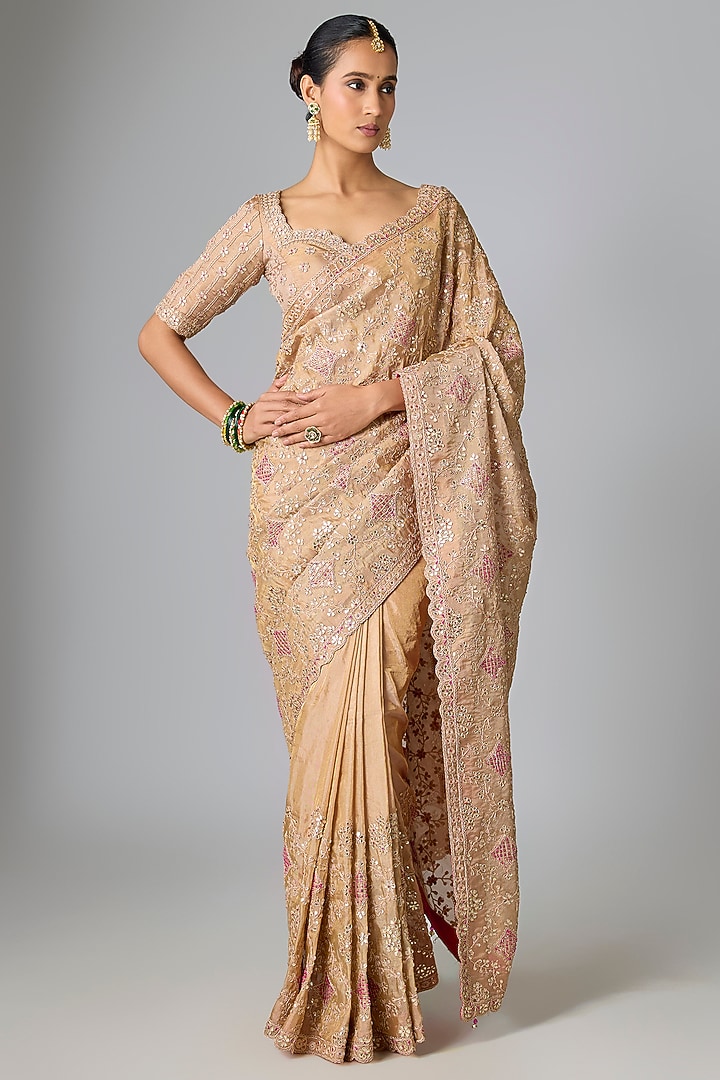 Golden Tissue Marori Work Reception Saree Set by SURBHI SHAH at Pernia's Pop Up Shop
