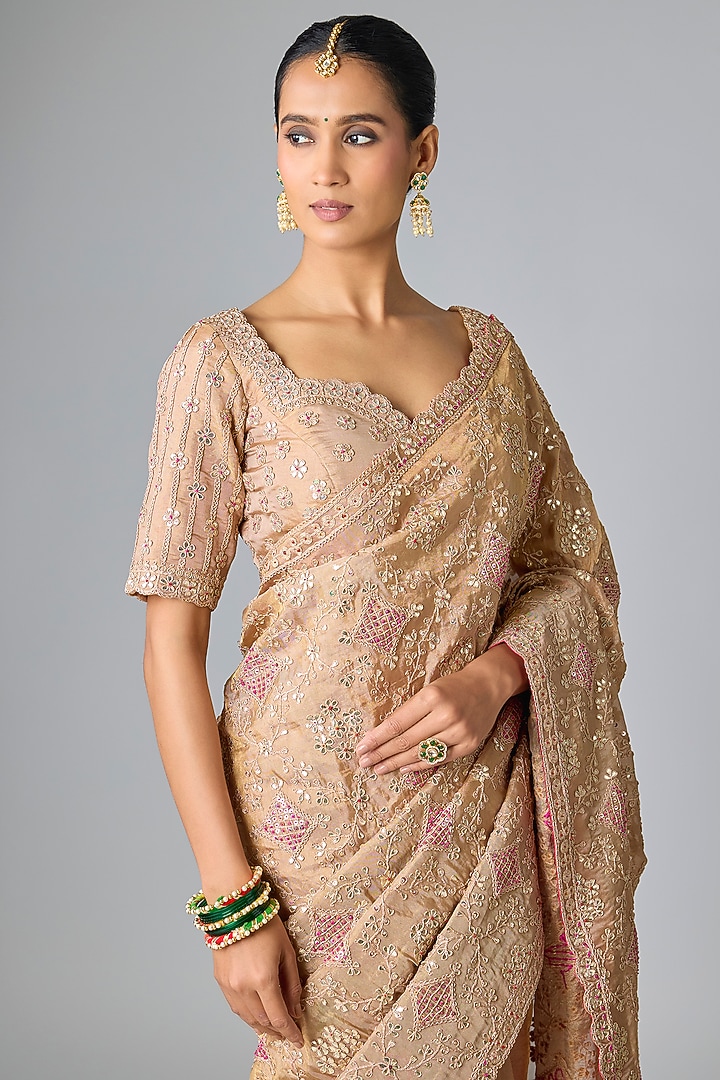 Golden Tissue Marori Work Reception Saree Set by SURBHI SHAH at Pernia's Pop Up Shop