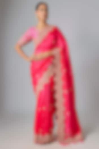 Hot Pink & Red Kora Silk Marori Work Reception Saree Set by SURBHI SHAH at Pernia's Pop Up Shop