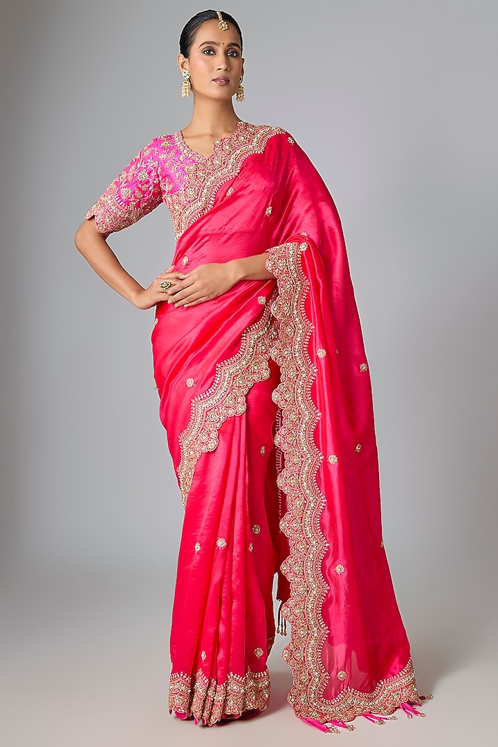 Hot Pink & Red Kora Silk Marori Work Reception Saree Set by SURBHI SHAH at Pernia's Pop Up Shop