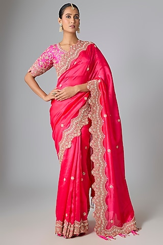 Hot Pink & Red Kora Silk Marori Work Saree Set by SURBHI SHAH