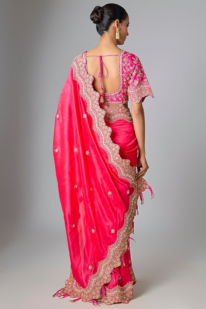 Hot Pink & Red Kora Silk Marori Work Reception Saree Set by SURBHI SHAH at Pernia's Pop Up Shop