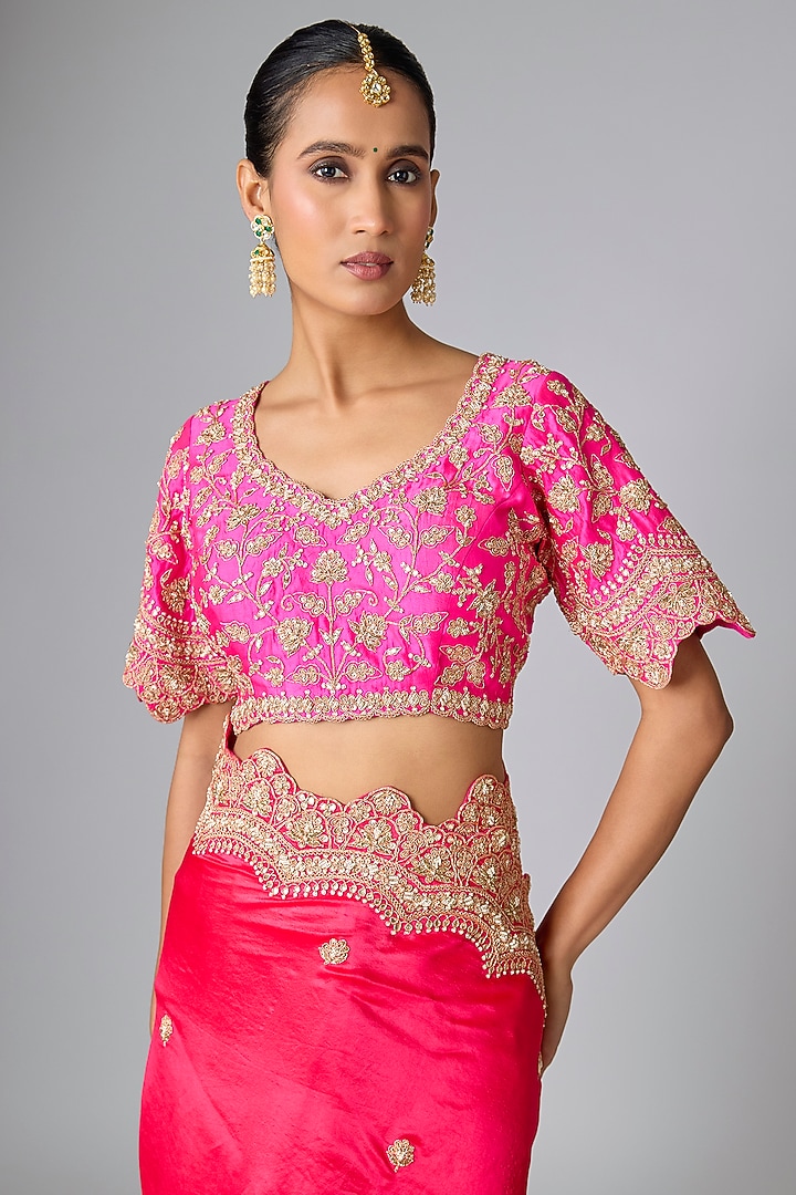 Hot Pink & Red Kora Silk Marori Work Reception Saree Set by SURBHI SHAH at Pernia's Pop Up Shop