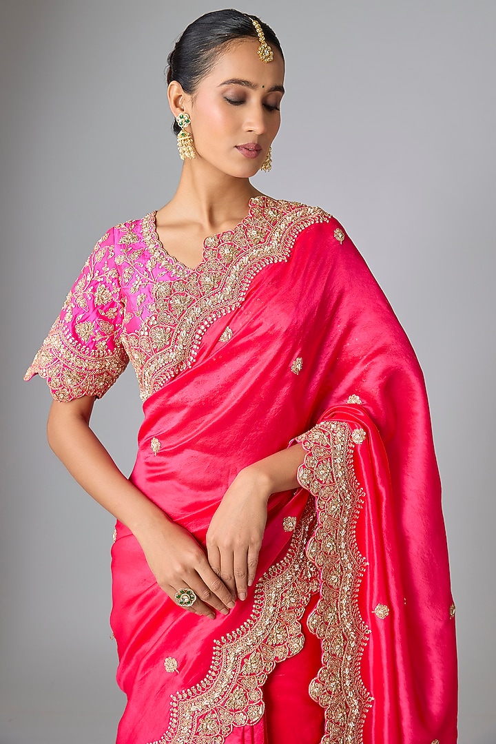 Hot Pink & Red Kora Silk Marori Work Reception Saree Set by SURBHI SHAH at Pernia's Pop Up Shop