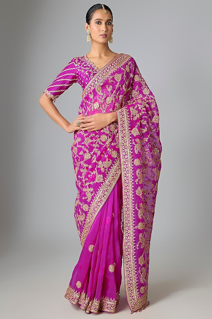 Magenta Organza Marori Work Reception Saree Set by SURBHI SHAH at Pernia's Pop Up Shop