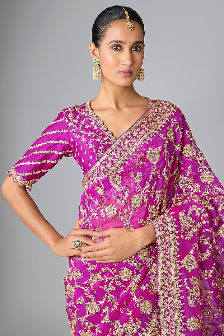 Magenta Organza Marori Work Reception Saree Set by SURBHI SHAH at Pernia's Pop Up Shop