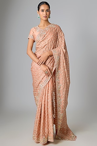 Old Rose Organza Sequin Work Saree Set by SURBHI SHAH