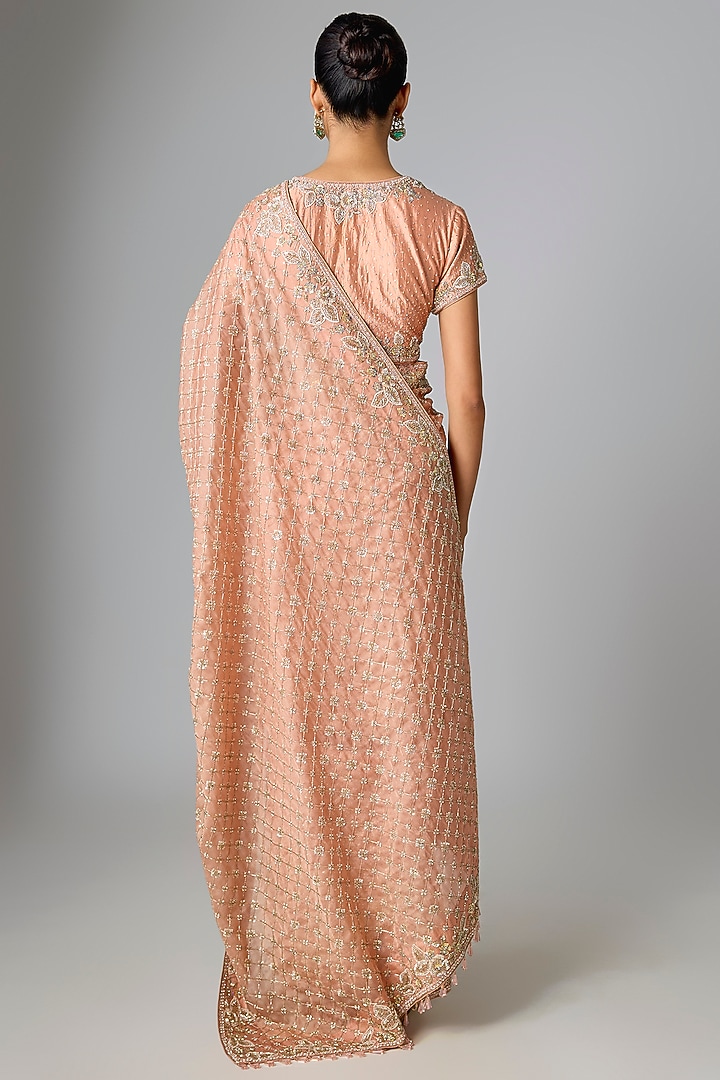 Old Rose Organza Sequin Work Bridal Saree Set by SURBHI SHAH at Pernia's Pop Up Shop
