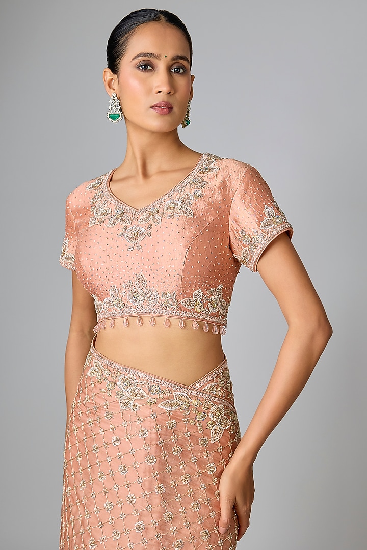 Old Rose Organza Sequin Work Bridal Saree Set by SURBHI SHAH at Pernia's Pop Up Shop