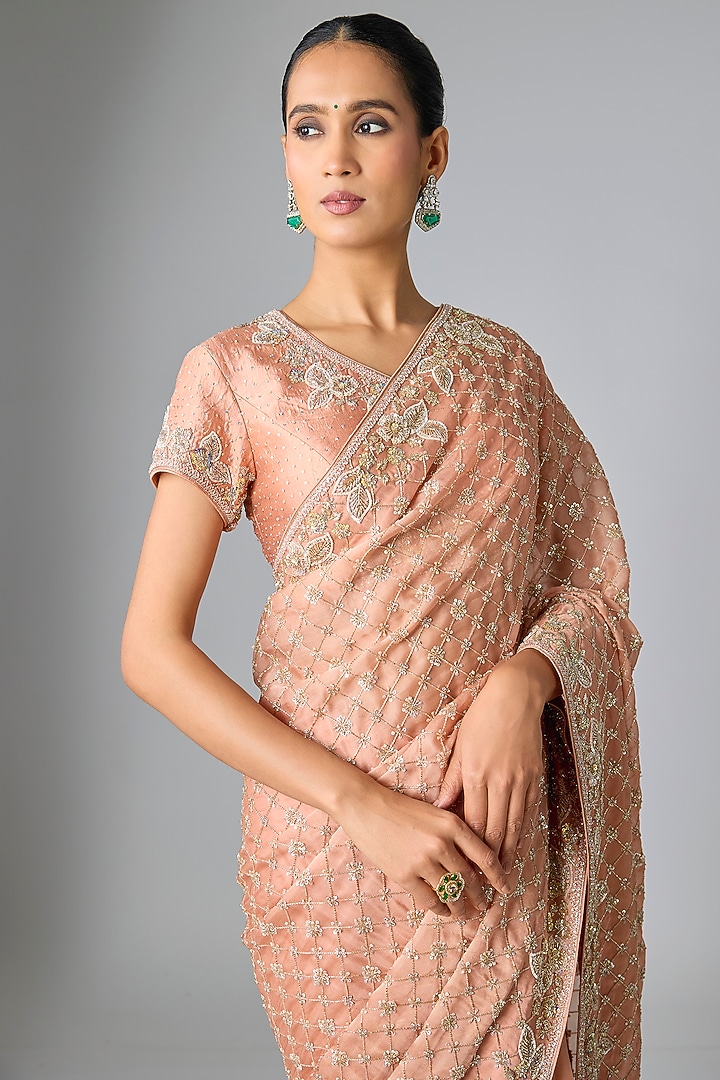 Old Rose Organza Sequin Work Bridal Saree Set by SURBHI SHAH at Pernia's Pop Up Shop
