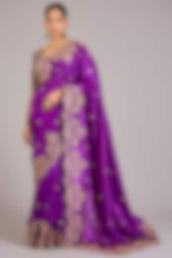 Purple Magenta Kora Silk Embroidered Reception Saree Set by SURBHI SHAH at Pernia's Pop Up Shop