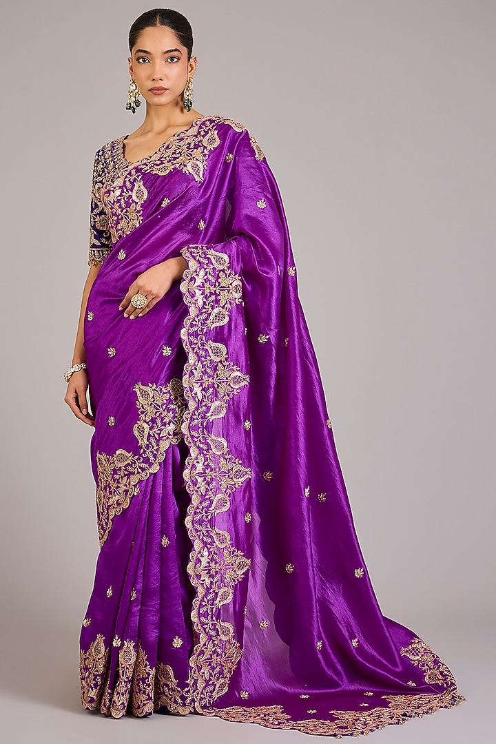 Purple Magenta Kora Silk Embroidered Reception Saree Set by SURBHI SHAH at Pernia's Pop Up Shop