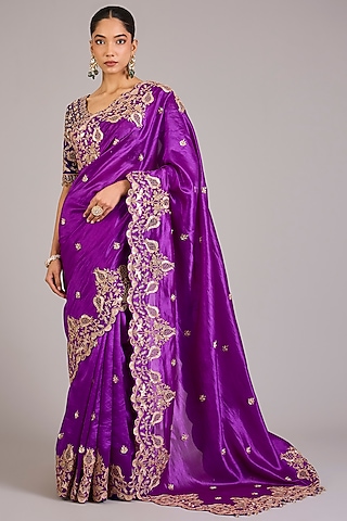 Purple Magenta Kora Silk Embroidered Saree Set by SURBHI SHAH