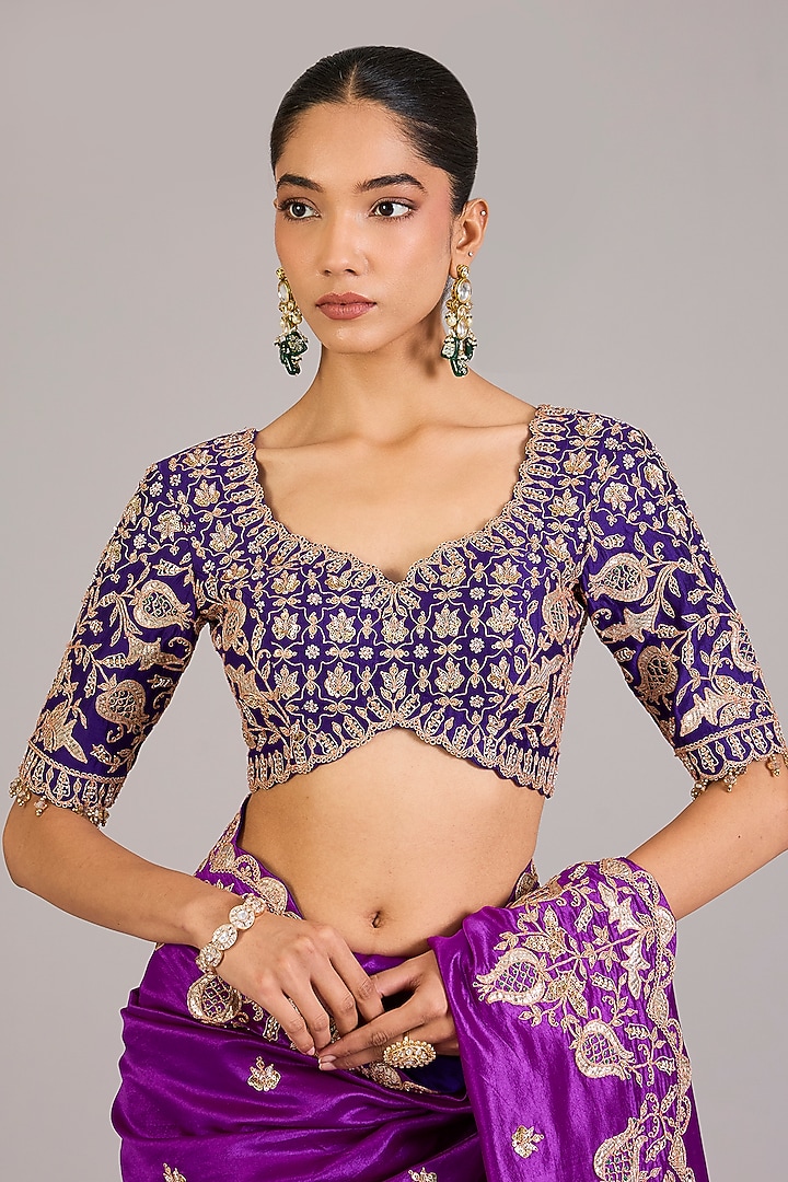Purple Magenta Kora Silk Embroidered Reception Saree Set by SURBHI SHAH at Pernia's Pop Up Shop