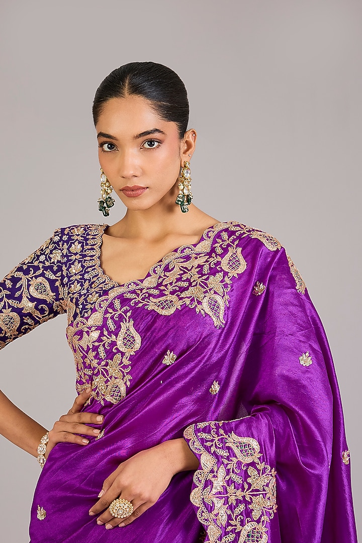 Purple Magenta Kora Silk Embroidered Reception Saree Set by SURBHI SHAH at Pernia's Pop Up Shop